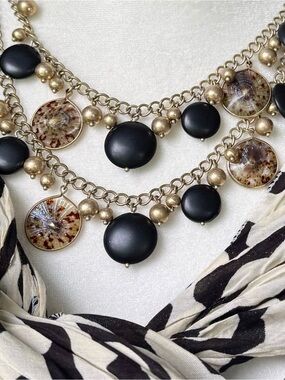 Talbots Double Strand Statement Necklace – Gold Black & Tortoise Beads and Discs